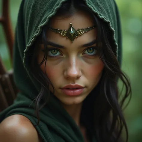 Archer, hunt, elfo, focus, agility, danger,  forest,  creatures, (woman,Sensual)( attention to detail, detailed skin texture ,beautiful skin),( Looking at the camera ),(forehead),( bright lips:1.5)( full body)