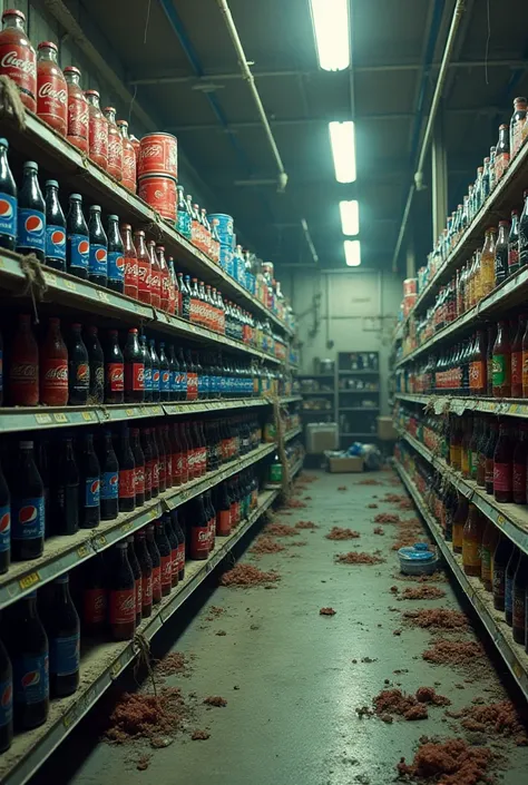 A supermarket with shelves full of Pepsi and Coca-Cola bottles abandoned in a corner.