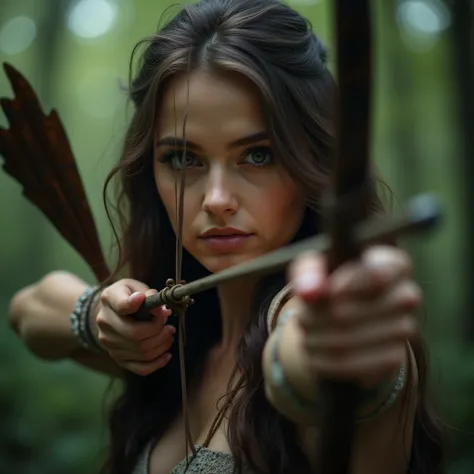 Archer, hunt, elfo, focus, agility, danger,  forest,  creatures, (woman,Sensual)( attention to detail, detailed skin texture ,beautiful skin),( Looking at the camera ),(forehead),( bright lips:1.5)( full body)