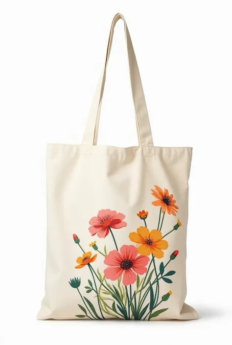 Canvas bag with animated anime-style drawn flowers on a white background
