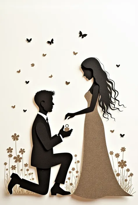  paperart , 1 girl,  long hair,  a boy, dress, flower, couple, Faceless 、 The man is kneeling 、 He is opening a small box with a ring to give to the woman。、standing woman、 double exposure、wedding、Silhouette、wedding、Bride and groom、wedding zentangleドレス、sugg...