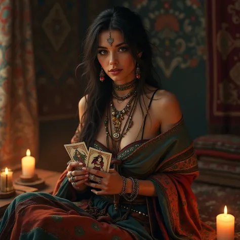 Create an image of a Gypsy woman with a tarot deck 