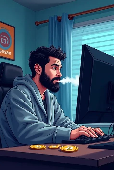 a vector art of a 25-year white boy with short black beard working on pc, in a gaming room, wearing fleece grey robe, vaping, Bitcoin coins on table, a wall sign with the word ‘Ensan’