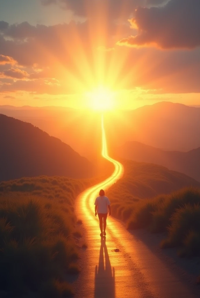 A radiant sunrise over a long, winding path leading into the horizon, symbolizing God's guidance and protection. The path is bathed in golden light, creating a sense of divine presence. A lone traveler walks forward with confidence, knowing they are not al...