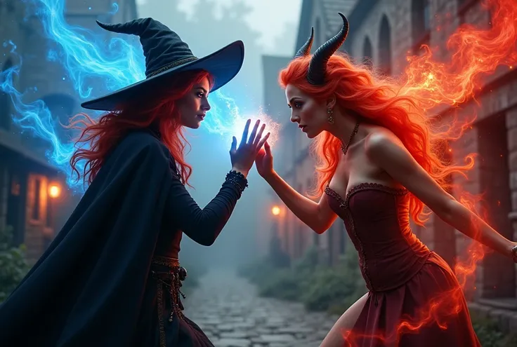 Wizardfight against Succubus, Masterpiece, From behind,  25, young seductive redblonde female Witch apprentice, flames in brown eyes, black cloak, confident face, delicate detail. ultra details. highly detailed characters, dark atmospere, in the background...