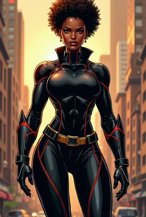 Create an image of a tall, strong African-American female superhero. She has a firm, intense expression, exuding confidence and power. She stands at 1.74 meters and has a muscular build, weighing 56kg. Her eyes are light amber, and her hair is short and na...