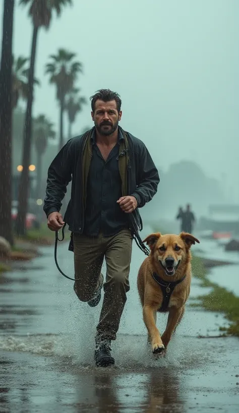 A man and a dog are running on the sidewalk around the coast. Heavy rain falls. Flood damage is visible.