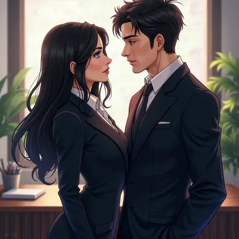 Real woman in desk clothes,  long black hair and blue eyes ,  next to a very handsome man wearing a suit