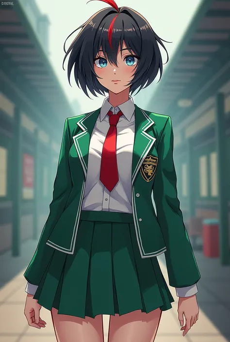 Short haired woman with black hair red tuft blue eyes Quirk the 4 elements school uniform green with white and a red tie without a sweater 