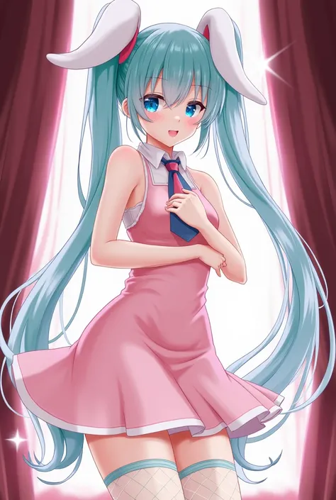 1 girl,  hatsune miku,  rabbit hole \\(vocaloid\\),  playboy bunny ,  Dresses,  smile,  Licking lips , axila,  holding a condom, wet, sweat, blush,  gap between thighs, socks,  backlight, fishnet socks, naughty face, fondo rosa, ( skin indentation:1.2),  c...