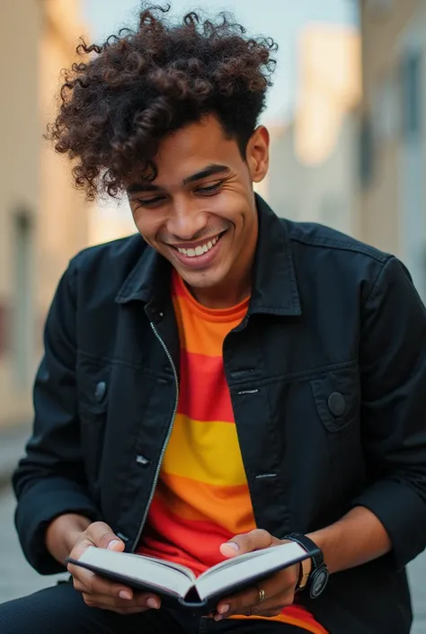 A handsome young and energetic man with short curly hair, wearing a black jacket over a colorful shirt. He smirks confidently while holding the notebook. 