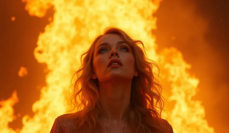 "Wide shot of Taylor Swift reaching for the sky, surrounded by illuminating flames, ambitious and unstoppable. Taylor Swift has pale skin, dark blonde wavy hair, expressive blue eyes, triangular face, heart-shaped lips, thick defined eyebrows."
      hyper...