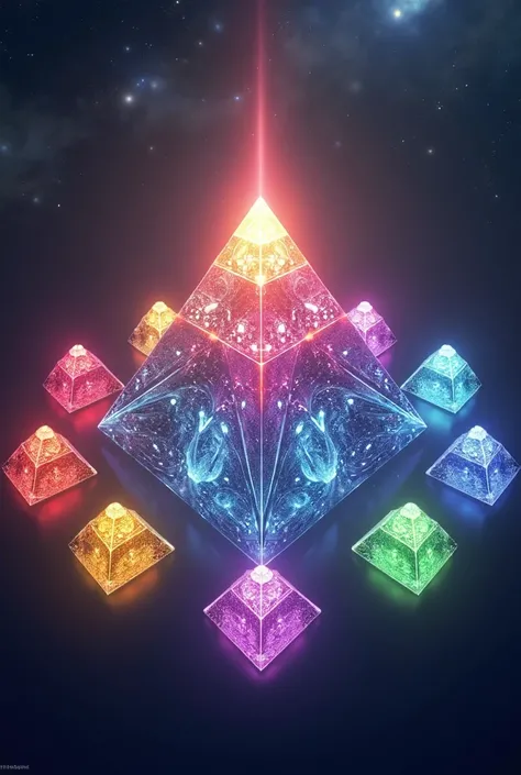 Masterpiece, High Quality, High Resolution, High Definition, 8k, (((Universe, Galaxy))), (((Futuristic Design))), (((Super Powers))):

A large Cosmic pyramid Gemstone, emitting an aura of various colors (((RGB))), surrounded by Eight pyramid Gemstones, eac...