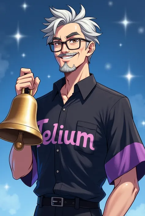 Create a Japanese man,   with gray hair ,  eyeglasses ,  brown eyes,   smiling ,  mustache and goatee . Wearing black blouse with purple short sleeves written Telium, wearing black pants and holding a giant bell and blue with sparkles on the background.