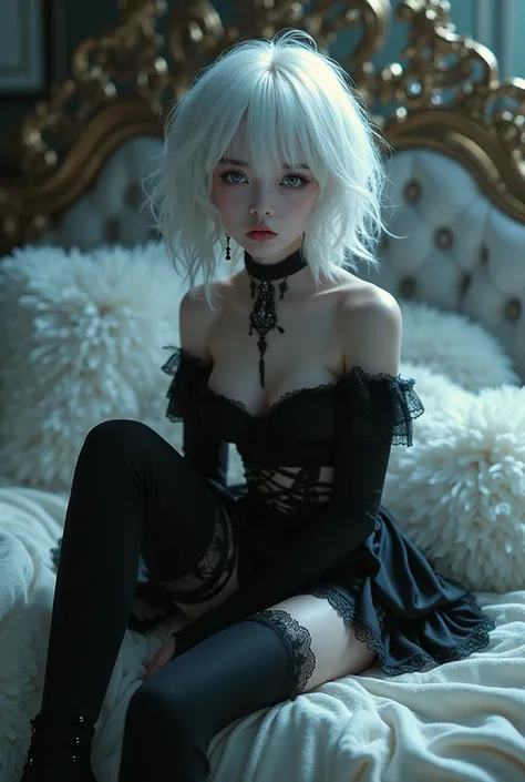 anime goth fairy boy with white hair and black stockings sitting on a bed, concept art by Shitao, pixiv, shin hanga, 2 b, 2b, 2b nier automata, nier 2 b, 2 b from nier automata, 2b from nier automata, guweiz, from girls frontline, high heels. anime style a...