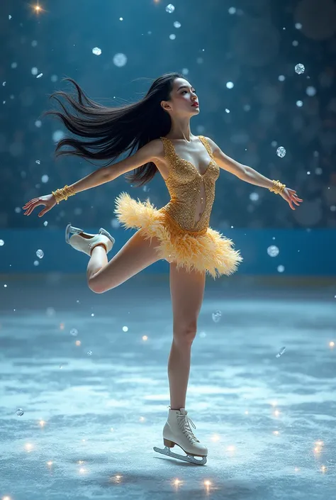  blue-eyed female skater ,  long black hair , He wears a gold suit and skates with diamonds doing a somersault