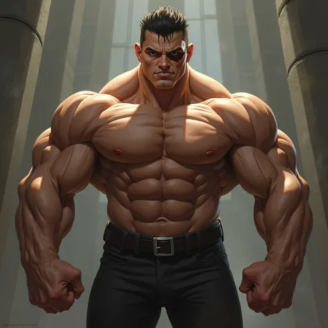  a tall and muscular man  ((((No beard)))) Smooth skin has a  (((( right eye cut ))))  can be seen in full body staring at the spectator and has a satisfied half smile.  all well detailed ultra detailed  .