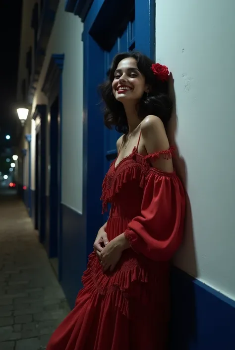  A Gypsy Woman, Brunette and haughty,  wavy black hair, at shoulder height and with a rose on the left side. Has an open smile , happy. It's leaning against the wall,  next to a door of a Portuguese colonial-style house, the door and the door frame are pai...