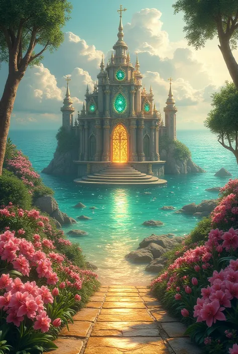 A realistic paradise with golden streets and a sea full of diamonds, a castle in the middle with emerald and sapphire doors and precious stones, and with orchids and tulips all around 