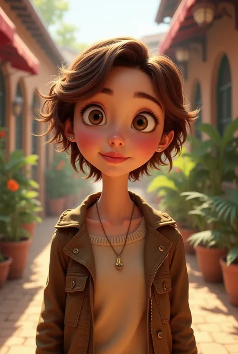 A Pixar image ,  of a fair-skinned woman, With short hair,  chestnuts with blonde locks , court, wavy with hazel eyes, a beige sweater and a brown jacket with a necklace 