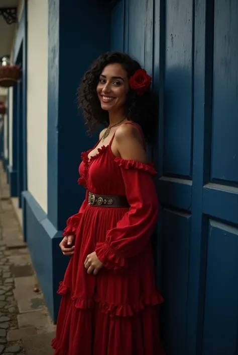  A Gypsy Woman, Brunette and haughty, curly and wavy black hair, at shoulder height and with a rose on the left side. Has an open smile , happy. It's leaning against the wall, next to a door of a Portuguese colonial-style house,  the door and door frame ar...