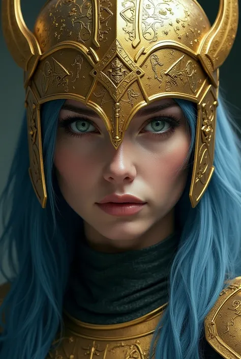  A realistic image ,  borrowed letter , The face of an imposing knight with a fixed gaze , with a golden helmet, The helmet with esoteric features of the Sagittarius sign ,Green eyes blue hair