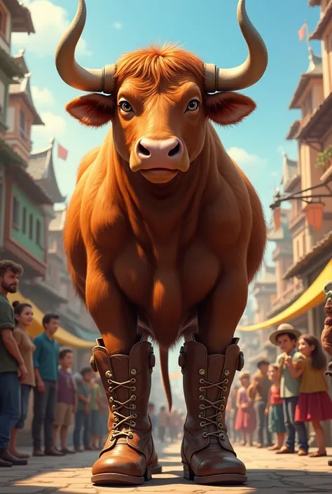 An ox in boots and everyone amazed by its beauty