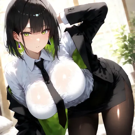 masterpiece, (((( best quality )))),1 girl, Japanese Anime ,,shiny skin, wearing a black suit,skirt suit, black tie , dark hair, short bob hair,The inner color of the hair is green, green eyes,isosceles triangle earrings, black tights,large breasts