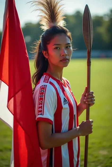 A young indigenous woman in HD , holding a red and white flag,  wearing a soccer jersey with vertical red and white stripes,  a plume on her head and a spear,  with a soccer field in the back .