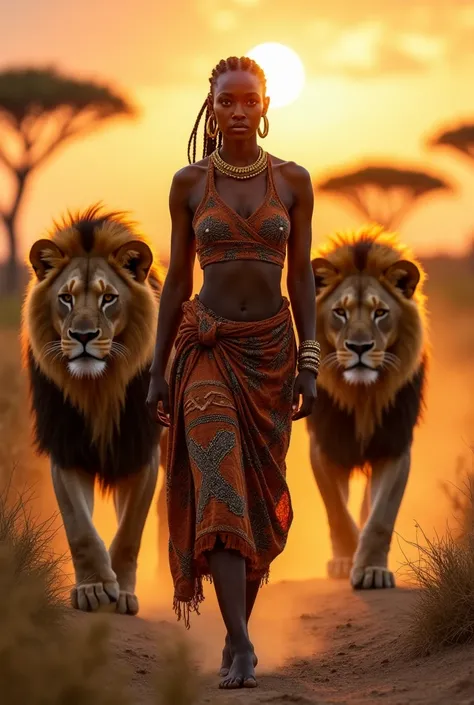 "An ultra-realistic, hyper-detailed cinematic photograph of a regal African woman walking through the golden savanna at sunset, flanked by two powerful lions. She has deep, rich ebony skin with a smooth, natural glow, reflecting the warm hues of the settin...