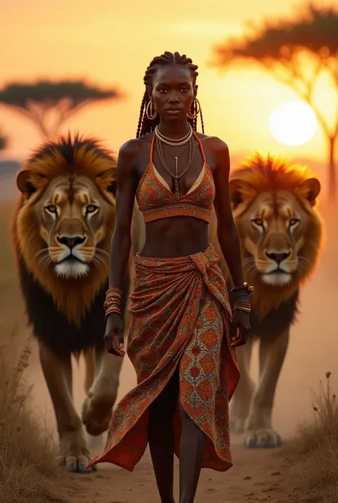 "An ultra-realistic, hyper-detailed cinematic photograph of a regal African woman walking through the golden savanna at sunset, flanked by two powerful lions. She has deep, rich ebony skin with a smooth, natural glow, reflecting the warm hues of the settin...