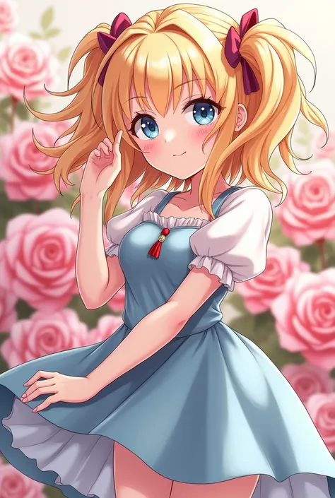 anime girl with blonde hair and blue eyes posing in front of a rose, an anime drawing inspired by Puru, pixiv contest winner, process art, yami kawaii, yuyushiki, loli in dress, loli, anime moe artstyle, in ryuuou no oshigoto art style, anime girl named Mi...