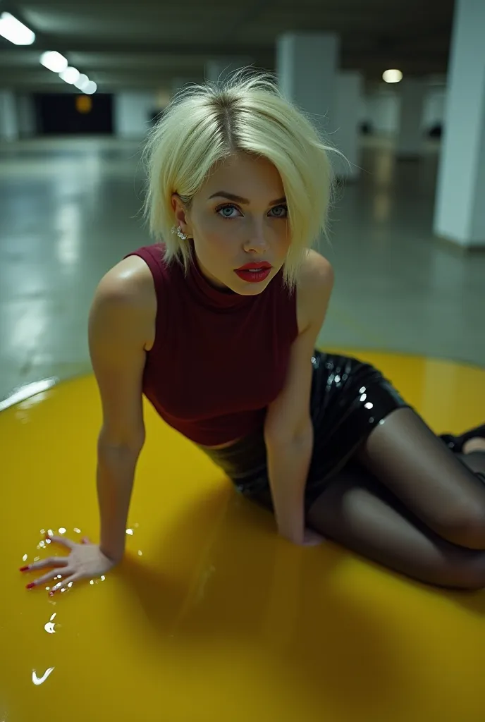 a realistic blond pixie hair female. she wears burgundy sleeveless turtleneck top, very short and very tight black latex miniskirt, sheer black tights and black stilettos. blue eyes, red lips, long red nails. she is laying on the floor in a puddle of trans...