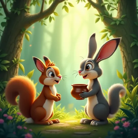 A squirrel with a rabbit talking,That the rabbit has a pot in his hand,with a jungle background 