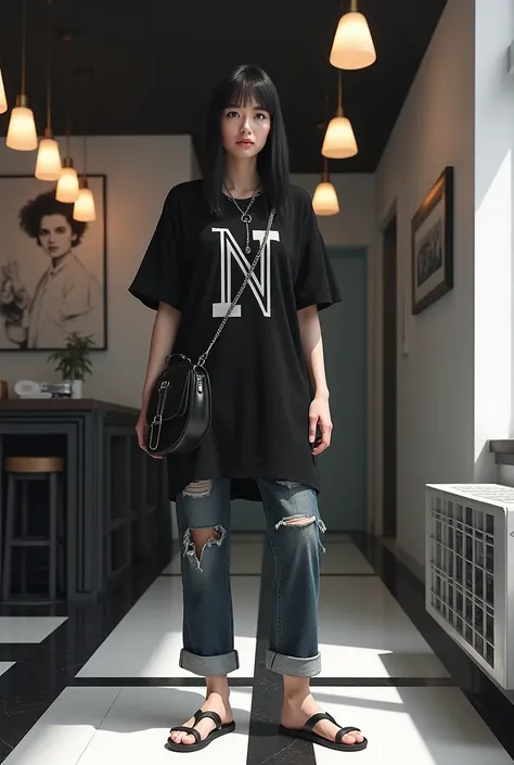 a women 30 year old,standing in a room with a black and white patterned floor. He is wearing a Long black shirt the letter "N" on it, ripped jeans, and black flip-flops. He has a black crossbody bag slung over his shoulder and is looking off to the side wi...