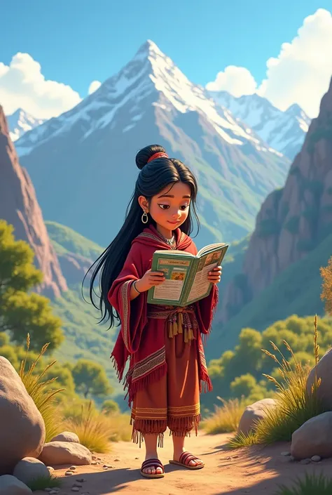 Create an animated FULL BODY image that reflects a  FROM LA SIERRA from Peru READING A BROCHURE WITHOUT A HAT