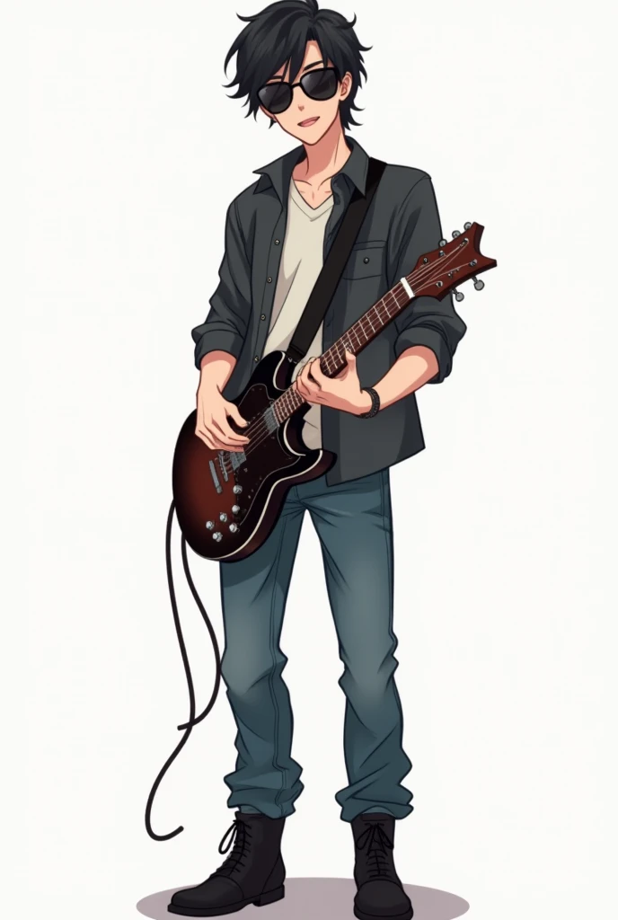 draw an anime guy. He has black hair and his hair is a little bit in front of him. He's wearing jet black sunglasses. He is wearing a shirt. Loose jeans underneath. His shoes are black boots. He has a guitar in his hand. He is smiling. He has no beard or m...