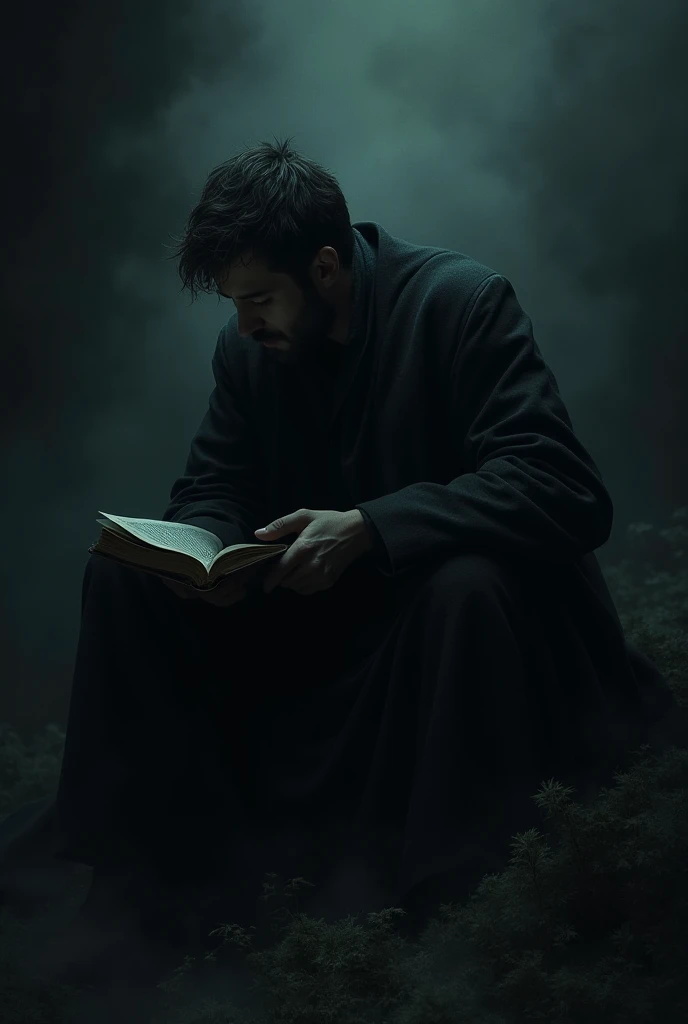  A sad, unclear man reads a book in 
darkness