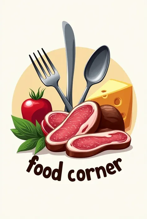 Imagine a logo for a food store that shows many foods, such as meat, cheese, a fork, and a spoon, and it says “Food Corner.”