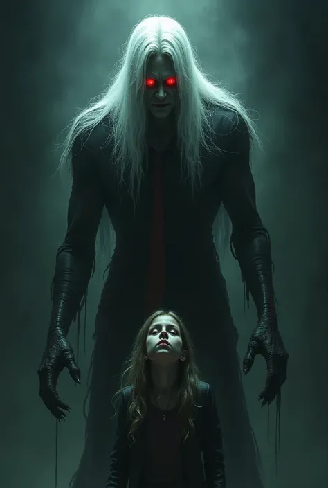 A glowing scary red eyes human male with long white hair staring down at a girl 