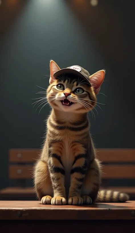 "A cat telling realistic joke with ultra quality details. The cat must be wearing a cap, Sitting on a bench when speaking ,  with the expression of someone who is laughing. The setting should be a stage with lights focused on the cat."