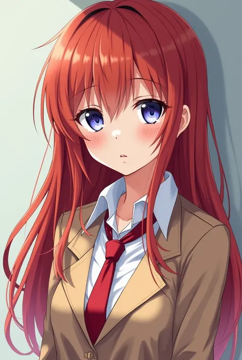  Create an image of an anime girl ,  17-year-old scientist prodigy ,  with long carnelian hair  ,  purplish blue eyes and with a white pupil instead of black ,In a light brown cool blouse open a white shirt with a red tie  ( include all the items I mention...