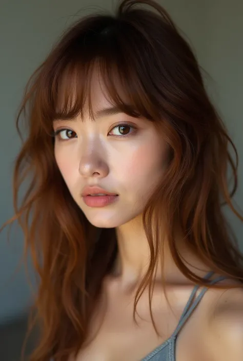 A woman with brown auburn hair, her hair length more than shoulder. Her hair is cut shaggy and she has micro bangs. Dark brown eyes, neutral tan skin. Two tone lips. Asian fiture with eyebag and new wound on  nose bridge 