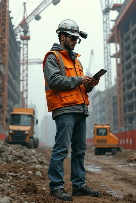 Person who works in construction mixed with new technologies