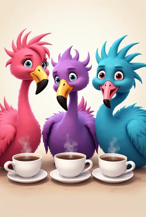 Three flamingos,  one bright pink with pink spiky hair. Next to it is a bright purple with mid-length curly hair and a bright blue with short spiky hair. Each has a cup of coffee in front of it, very happy and excited.