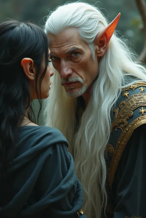 Give me a human male with white long hairs and strange ears staring at a lady 