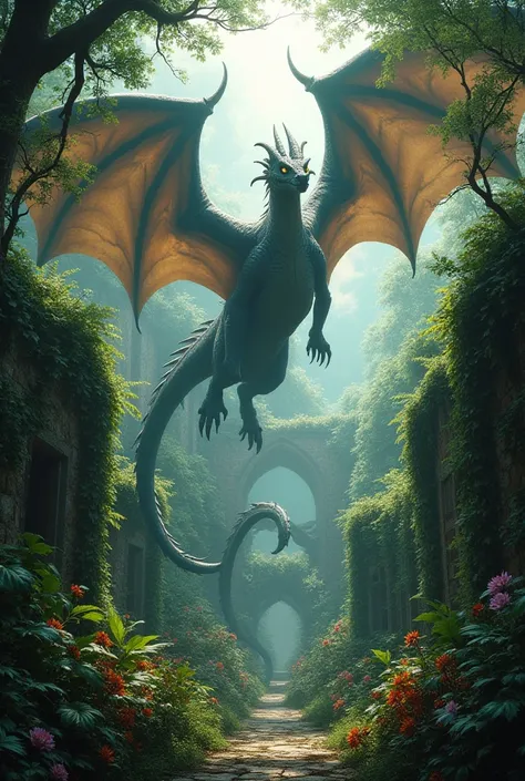 A garden with a creepy flying dragon 