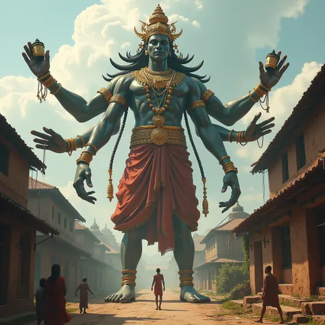 Giant mythological beings from India , three-headed, It has 6 arms and two legs, He's dressed like a Hindu god, in an ancient medieval village in India