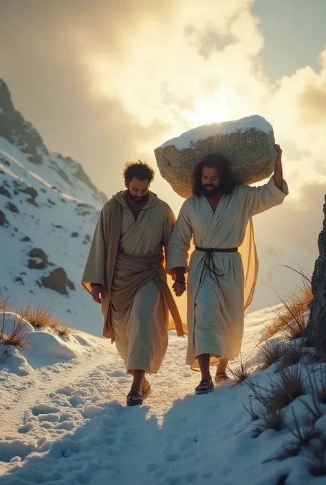 "A powerful scene of Jesus carrying a heavy stone on His shoulder, supported by a man dressed in modern-day clothing. Both of them walking along a snowy mountain path, with sunlight breaking through the clouds to create a divine and inspiring atmosphere. T...