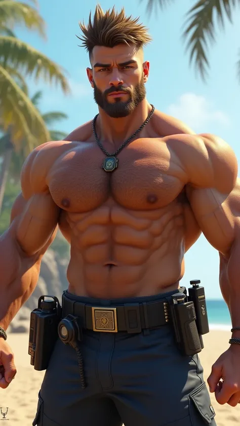 Muscular, hairy, shirtless, surfist hair, Young, police man, flexing